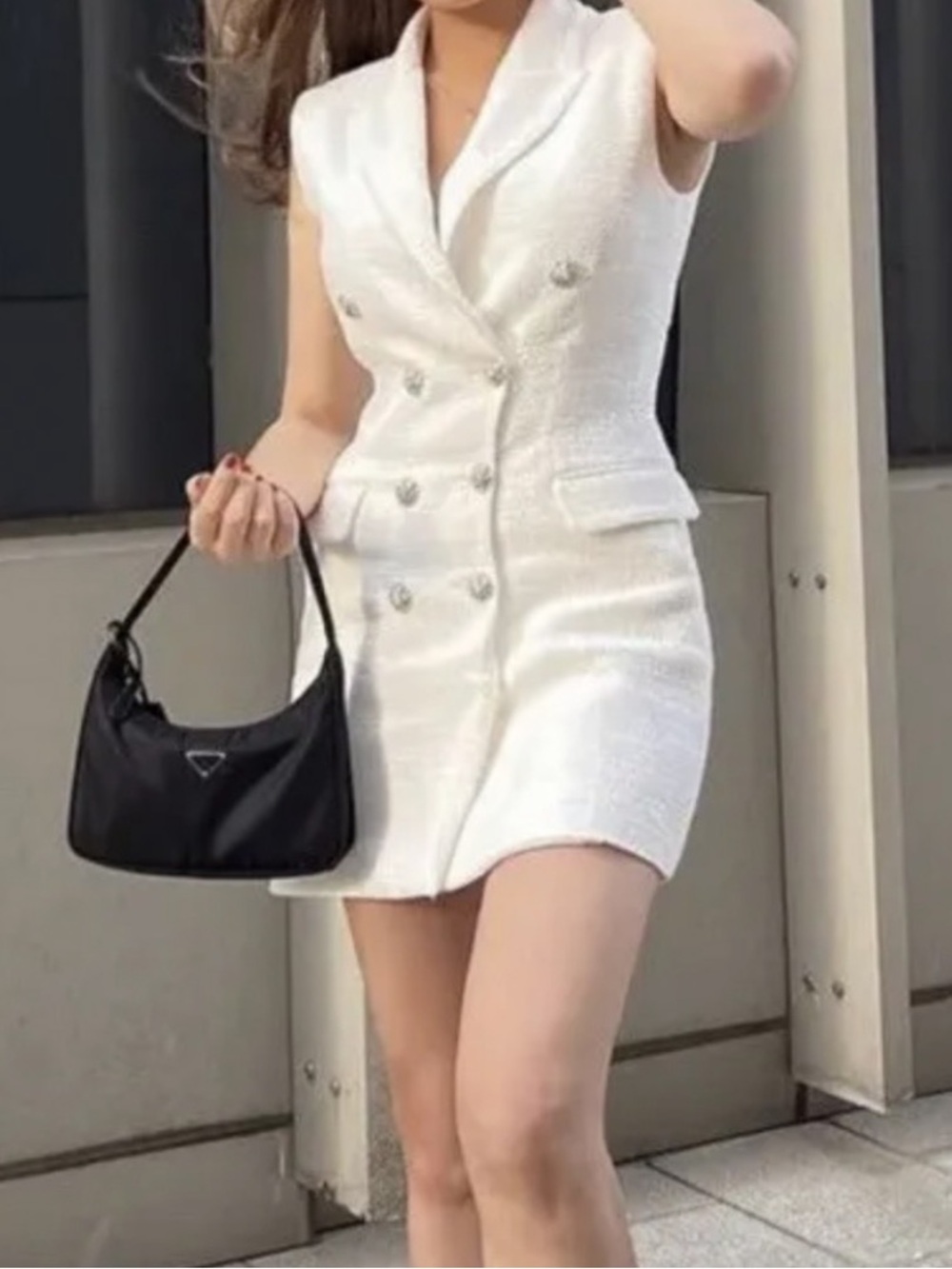 Zara White Tweed Textured Vest Waistcoat Blazer Dress Rhinestone Buttons Size L